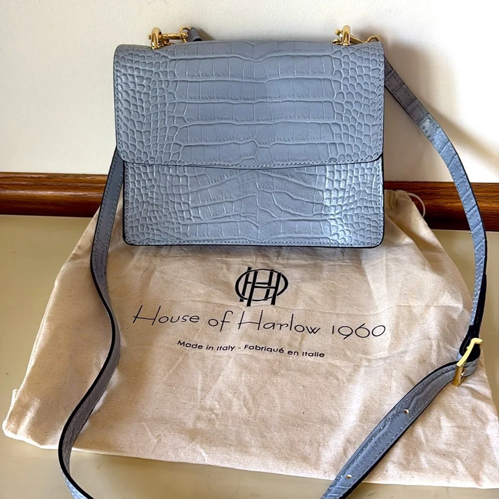 House of Harlow 1960 Light Blue Croc-Embossed Leather Crossbody Bag